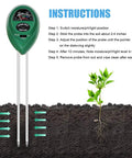Instructions for Grab-And-Go 3-In-1 Soil Test Kit Meter For Plants Veggies Garden Lawn And Indoor Outdoor Use Tracks Moisture PH And Sunlight Level No Battery Needed Compact Easy Readings For Quick Plant Care displayed next to a green plant illustration.