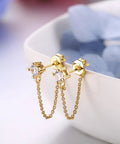 Four Pair Chain Earrings For Women With CZ Ball Studs, Dangling Front To Back Bar Huggie Hoops, Gold Tone Set, Copper Chain Drops, 3cm Length, Stainless Steel Posts, Comfortable Everyday Sparkle. Gold-tone chain earrings with CZ ball studs and 3 cm drops