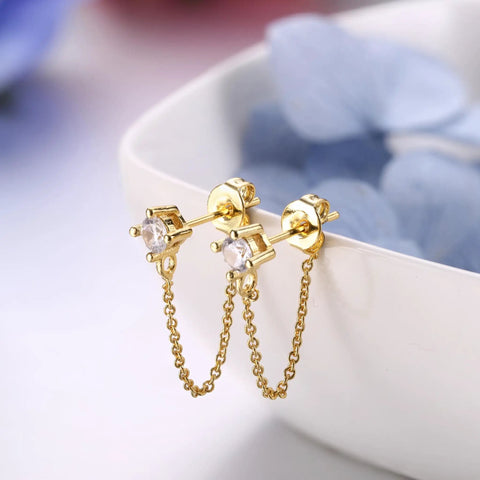 Four Pair Chain Earrings For Women With CZ Ball Studs, Dangling Front To Back Bar Huggie Hoops, Gold Tone Set, Copper Chain Drops, 3cm Length, Stainless Steel Posts, Comfortable Everyday Sparkle. Gold-tone chain earrings with CZ ball studs and 3 cm drops