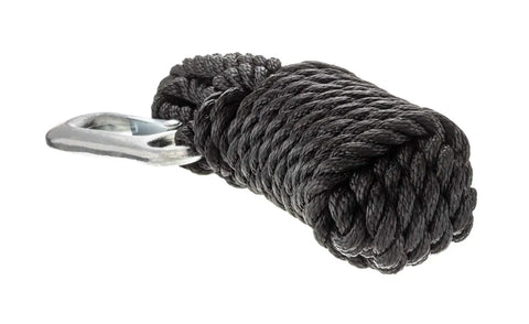 Poly Winch Rope With Steel Hook 3/8 In By 20 Ft, Heavy Duty Twisted Polypropylene, Shock Absorbing, Black Rope for Winches