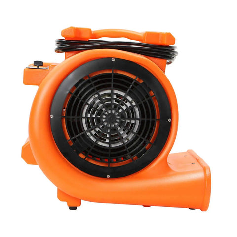Heavy Duty Industrial Air Mover Carpet Dryer And Stackable Floor Blower With Three Speed Settings And Badass One Horsepower Motor side view showing fan and handle.