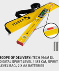 Kickass Heavy Duty Yellow Digital Spirit Level With Blazing Illuminated Readouts and Snappy Acoustic Guidance For Quick Precision Squaring IP67 Weather Sealed Body and Locked Vial Design Yielding Straight Plus Or Minus Point Five Millimeter Accuracy with carrying case and batteries.