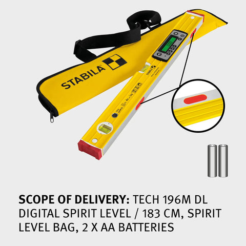 Kickass Heavy Duty Yellow Digital Spirit Level With Blazing Illuminated Readouts and Snappy Acoustic Guidance For Quick Precision Squaring IP67 Weather Sealed Body and Locked Vial Design Yielding Straight Plus Or Minus Point Five Millimeter Accuracy with carrying case and batteries.
