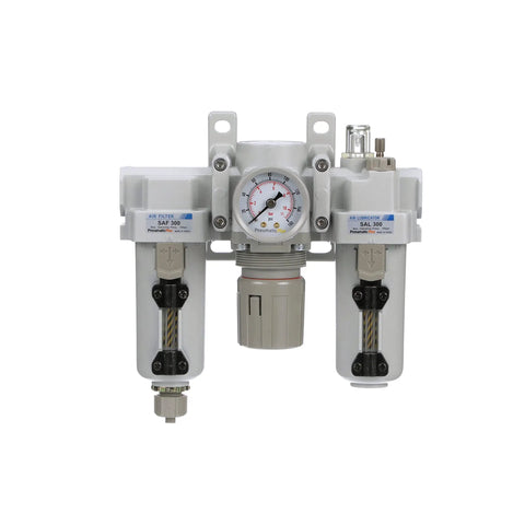 All-In-One Pneumatic Air Filter Regulator Lubricator Combo With Three-Eighths Inch NPT, Metal Bowl, Sight Glass, Manual Drain, Bracket, And Gauge For High-Flow 72 SCFM At 90 PSI, front view