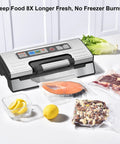 95kPa Vacuum Sealer With OneTouch Auto Vac And Seal, Double Heat Seal, Easy Lock Handle, and vacuum-sealed food displayed
