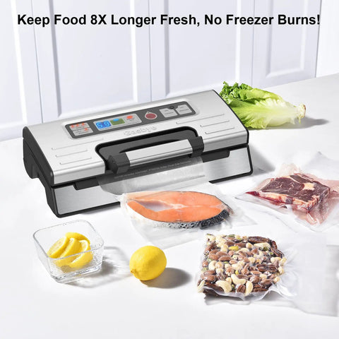 95kPa Vacuum Sealer With OneTouch Auto Vac And Seal, Double Heat Seal, Easy Lock Handle, and vacuum-sealed food displayed