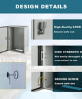 Rugged Weatherproof Outdoor Electrical Enclosure Box 8 By 8 By 6 Inch With Reinforced Lock, Heavy Duty Steel Junction Box For Harsh Environments, No-Fuss Install Backplane, Corrosion-Resistant Weatherproof Cabinet, open door detail