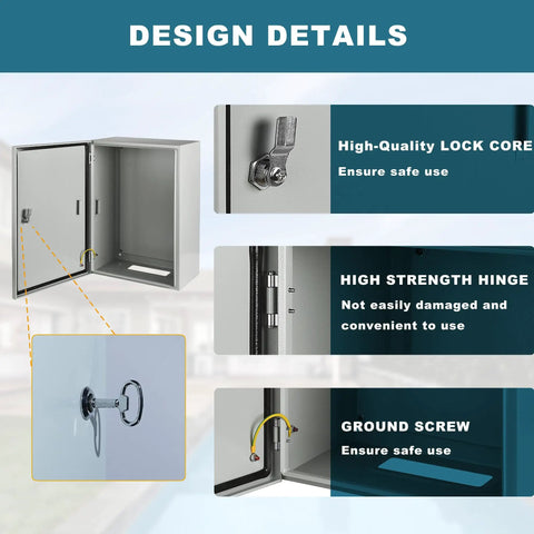 Rugged Weatherproof Outdoor Electrical Enclosure Box 8 By 8 By 6 Inch With Reinforced Lock, Heavy Duty Steel Junction Box For Harsh Environments, No-Fuss Install Backplane, Corrosion-Resistant Weatherproof Cabinet, open door detail