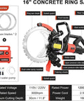 12000W Wall Chaser Concrete Cutter With 16 Inch Electric Ring Saw showing dual ring blades, water spray nozzles, and safety features.