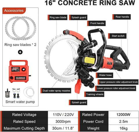 12000W Wall Chaser Concrete Cutter With 16 Inch Electric Ring Saw showing dual ring blades, water spray nozzles, and safety features.