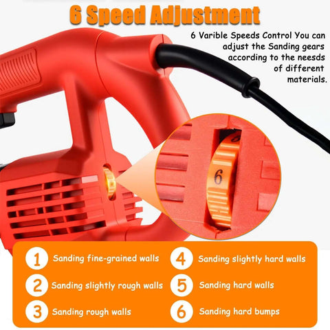 Close-up of red electric tool with six variable speed settings for sanding various wall types, highlighting the speed dial.