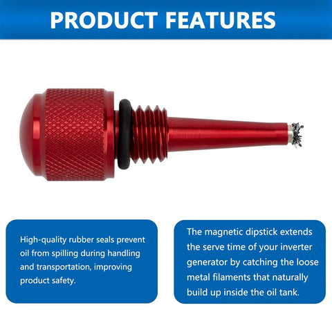 Red aluminum dipstick with magnetic tip for inverter generators, part of 2 Pack Magnetic Dipstick Replacement For Inverter Generators No Fuss Universal Fit For Predator Wen Yamaha Aluminum Alloy Tip Rust Resistant Collects Metal Shavings Reusable And Durable, shown with text describing features.