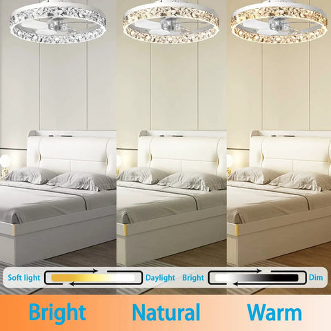Low Profile Ceiling Fan With Light And Remote Dimmable LED 3 Color Temperature Options in bright, natural, warm modes over bed