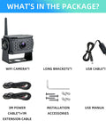 Dead Simple Wireless Backup Camera For Truck RV Trailer With AI Blind Spot Monitoring No Wiring Required Rock Solid 985 FT WiFi Range package contents including camera and accessories.