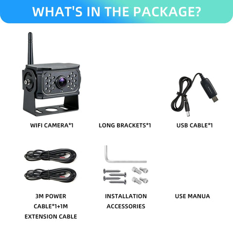 Dead Simple Wireless Backup Camera For Truck RV Trailer With AI Blind Spot Monitoring No Wiring Required Rock Solid 985 FT WiFi Range package contents including camera and accessories.