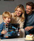 2-In-1 RC Construction Truck And Crane Set For Kids Aged 6 To 14, 401-Piece Build Kit With Easy Remote Control, Convert Between Crane And Truck, Durable STEM Toy For Boys And Girls. Boy holds box