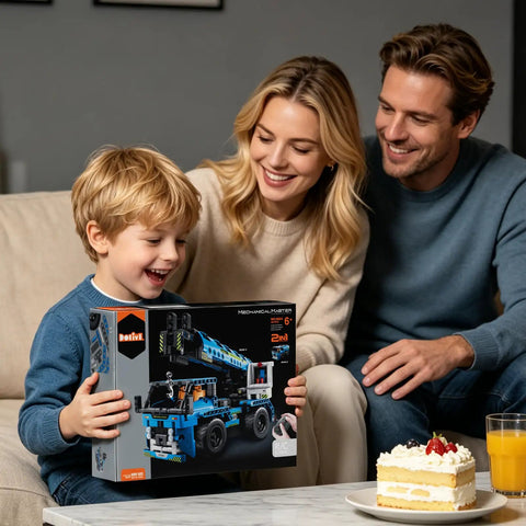 2-In-1 RC Construction Truck And Crane Set For Kids Aged 6 To 14, 401-Piece Build Kit With Easy Remote Control, Convert Between Crane And Truck, Durable STEM Toy For Boys And Girls. Boy holds box