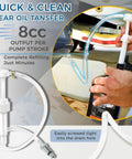 Lower Unit Gear Oil Pump For Standard Quart Bottle With 8cc Manual Fluid Pump And 3 Swivel Adapters, fits Mercury Yamaha Suzuki Quicksilver Outboard Quart Bottles, 28mm Bottle Opening, shown in use