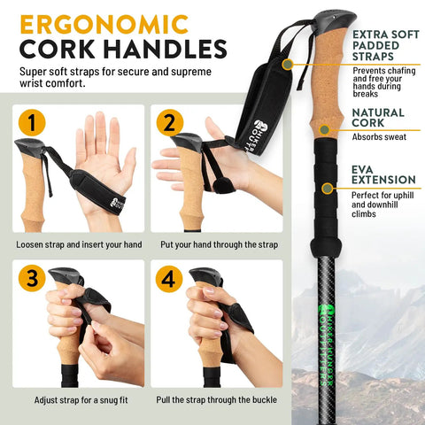 100 Percent Carbon Fiber Trekking Poles For Serious Hikes Lightweight Trail Ready Collapsible Hiking Poles With Cork Grips and straps