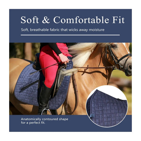 Rider using Dressage Ready Equestrian Saddle Pad For Horses Breathable Moisture Wicking Navy Pad Soft Comfort Saddle Blanket