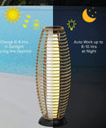 Patio Floor Lamp Outdoor Solar Powered Lantern With Weather Resistant Wicker Finish For Garden Deck And Backyard Auto On At Dusk 40 Lumens Cozy Vibe Large Sized For Indoor Outdoor Lighting Natural Brown displayed by pool for day and night use.