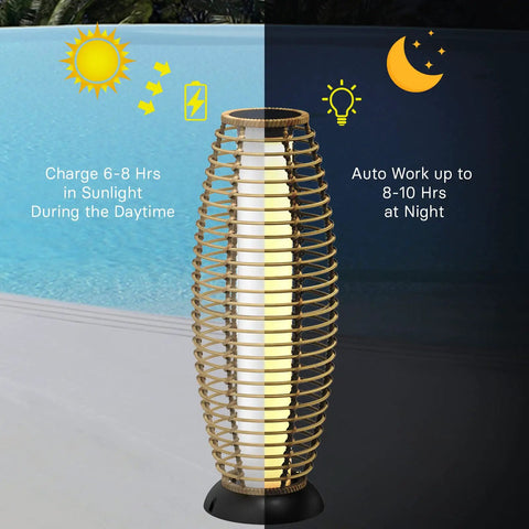 Patio Floor Lamp Outdoor Solar Powered Lantern With Weather Resistant Wicker Finish For Garden Deck And Backyard Auto On At Dusk 40 Lumens Cozy Vibe Large Sized For Indoor Outdoor Lighting Natural Brown displayed by pool for day and night use.