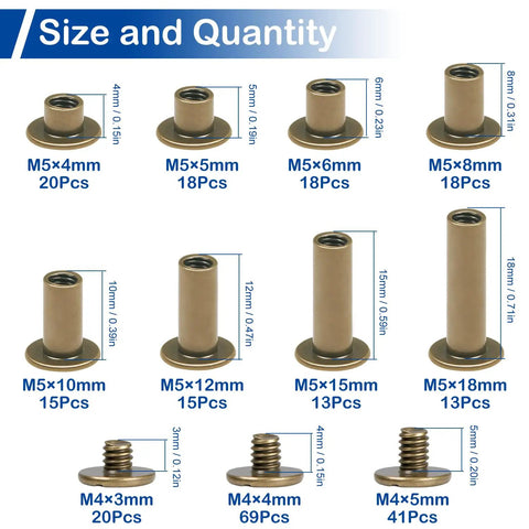Badass Bronze Chicago Screws And Leather Rivets Fastener Kit One Hundred Thirty Piece Assortment sizes and quantity chart for M4 and M5 screws.