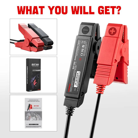 BST 360 Battery Tester With Bluetooth, 100 To 2000 CCA Load Test, Cranking And Charging Analysis For 12V Batteries, Great For Cars, Trucks, Motorcycles, ATVs, SUVs, Boats And Yachts; red and black clamps, box, manual