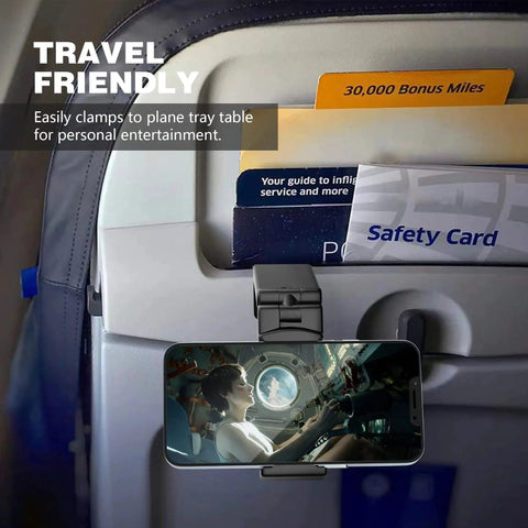 Universal In Flight Phone Holder Mount for airplane hands free viewing attached to plane tray with 360 degree rotation