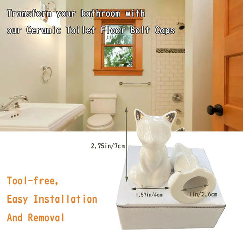 Sharp Ceramic Toilet Bolt Caps 2 Pack White Cat Design Decorative Screw Covers on display in a bathroom setting.