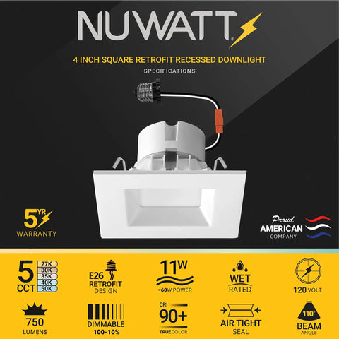 4 Pack 4 Inch Square LED Recessed Retrofit Lights With 5 CCTs 2700K 3000K 3500K 4000K 5000K 750 Lumens 11W Dimmable Wet Rated