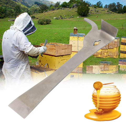Beekeeper using Two Piece Polished Stainless Steel Hive Scraper Tools With J Hook For Beekeeping with honey jar