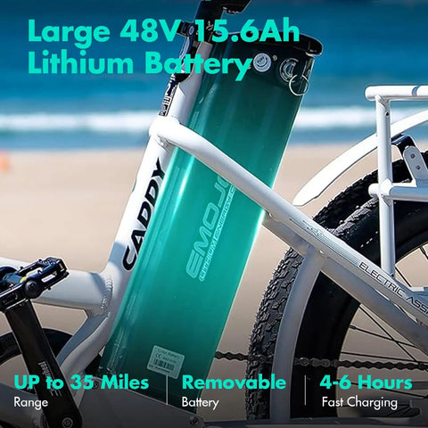 Large 48V 15.6Ah lithium battery on Fat Tire Electric Trike for Adults with 500W motor hydraulic disk brakes and pedal assist.
