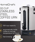 100 Cup Coffee Urn And Hot Beverage Dispenser With Dripless Faucet, Quick Brew For Big Batches, Stainless Steel Warmer