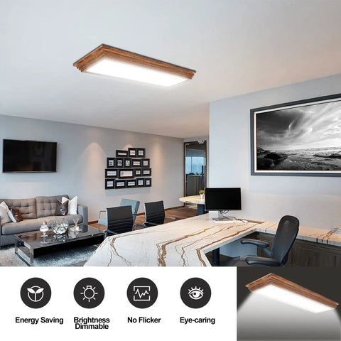 Living room with 2-Foot LED Light Fixture With Wood Look Wraparound Dimmable 3000K 4000K 5000K Color Temperature 30W 3300LM
