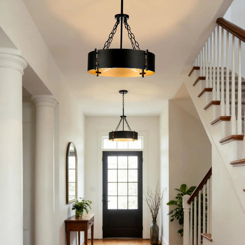 Modern Drum Chandelier With Four Lights In Black And Gold For Dining Room Farmhouse Industrial Pendant Lighting in hallway