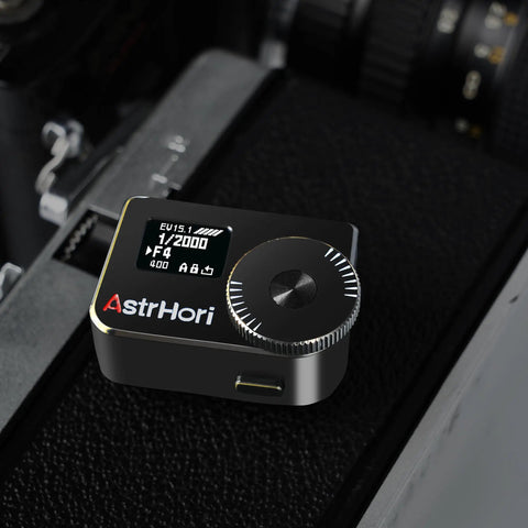 Light Meter With OLED Display And Cold Shoe Mount For Cameras Dial In ISO Aperture And Shutter Speed Ultra Lightweight Bronze Plate At 59g Fits Vintage Leicas And Rangefinder Film Cameras Great For Analog Shoots, top view on camera