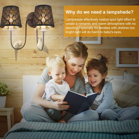 Crystal Chandelier Shades Set of 6 Clip On Mini Lamp Shades for Droplight Wall Lamps and Candle Chandeliers Dope Black Fabric With Flame Retardant PVC Liner Modern Laser Engraved Design illuminating a cozy family reading moment in a softly lit room, showcasing effective light diffusion.