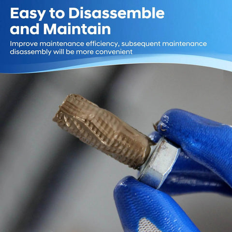 Gloved hand applying Workhorse High Temperature Copper Anti Seize Thread Lubricant to bolt for easy disassembly and maintenance.