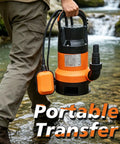 Professional Grade 0.5HP Submersible Water Pump With Automatic Float Switch 110V held by a person near water.