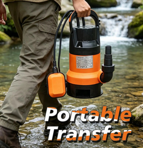 Professional Grade 0.5HP Submersible Water Pump With Automatic Float Switch 110V held by a person near water.