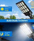 Heavy Duty 4 Pack Solar Street Lights Outdoor Waterproof Rock Solid Motion Sensor Floodlights With Dusk To Dawn And Remote Control showing solar charging and auto dusk to dawn features.