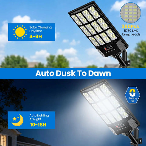 Heavy Duty 4 Pack Solar Street Lights Outdoor Waterproof Rock Solid Motion Sensor Floodlights With Dusk To Dawn And Remote Control showing solar charging and auto dusk to dawn features.