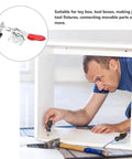 Man assembling furniture using Four Piece Quick Toggle Clamps Set For Horizontal Push-Pull Fast Locking, Workholding And Tool Fixture Clamps For Industrial And Workshop Use With Heavy-Duty Steel Construction And Easy Quick Release.