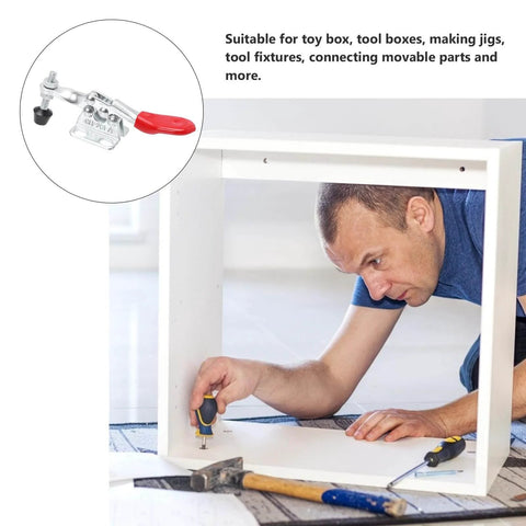 Man assembling furniture using Four Piece Quick Toggle Clamps Set For Horizontal Push-Pull Fast Locking, Workholding And Tool Fixture Clamps For Industrial And Workshop Use With Heavy-Duty Steel Construction And Easy Quick Release.