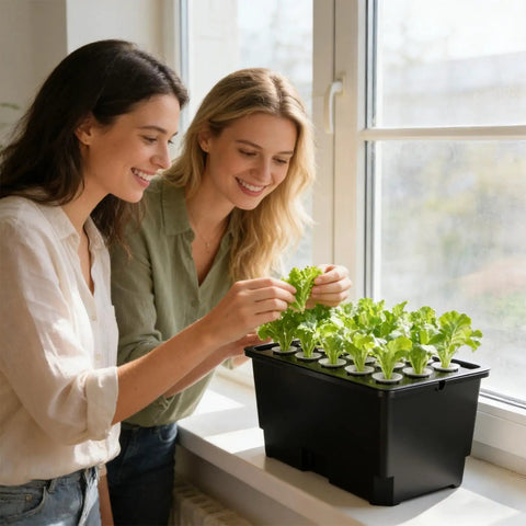 Two people using Hydroponic Growing Box For Home And Small Farm Soilless Cultivation System With 15 Pod Kit ABS Construction