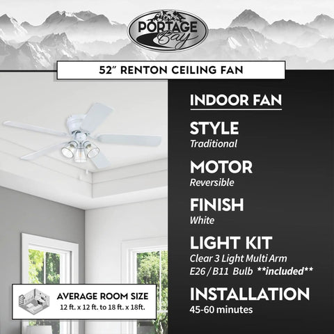 52 Inch White Indoor Ceiling Fan With Three Light LED Bulbs And Pull Chains, Traditional Style With Quiet Reversible Motor, Gray Oak