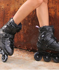 Unisex Inline Skates For Speed Skating With 4 By 76 Wheels Safe Ratchet Buckle And Laces Full Shell Upgraded Brakes Quiet High Speed Bearings Dope For Beginners To Pros Gold Color on a rough surface