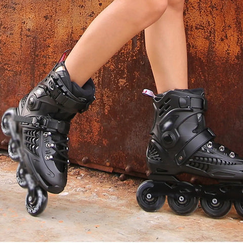 Unisex Inline Skates For Speed Skating With 4 By 76 Wheels Safe Ratchet Buckle And Laces Full Shell Upgraded Brakes Quiet High Speed Bearings Dope For Beginners To Pros Gold Color on a rough surface