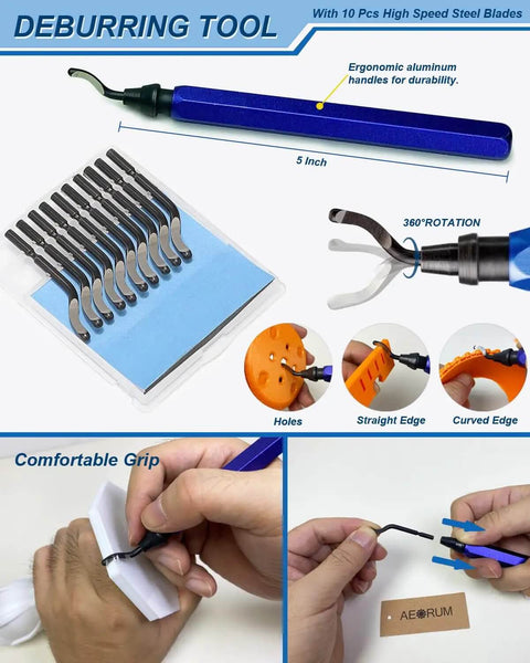 Deburring tool with ergonomic handle and high-speed steel blades from All In One 124 Piece 3D Printer Tool Kit With Carry Case For Finishing Cleaning Nozzles Trimming And Sanding Pro Grade Mini Rotary Tool And Modeler Tools For Easy Print Cleanup And Maintenance